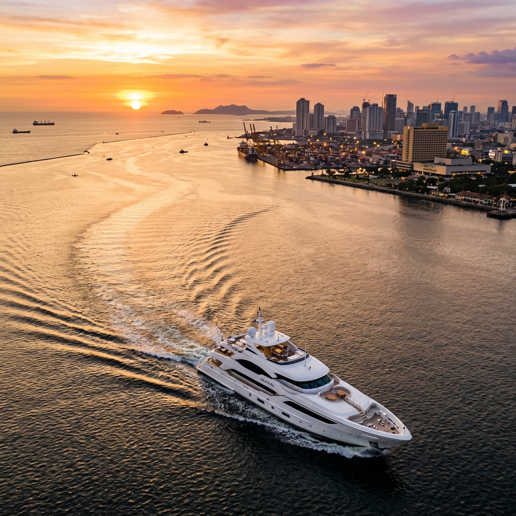 Aerial view of Manila Horizon yacht at sunset