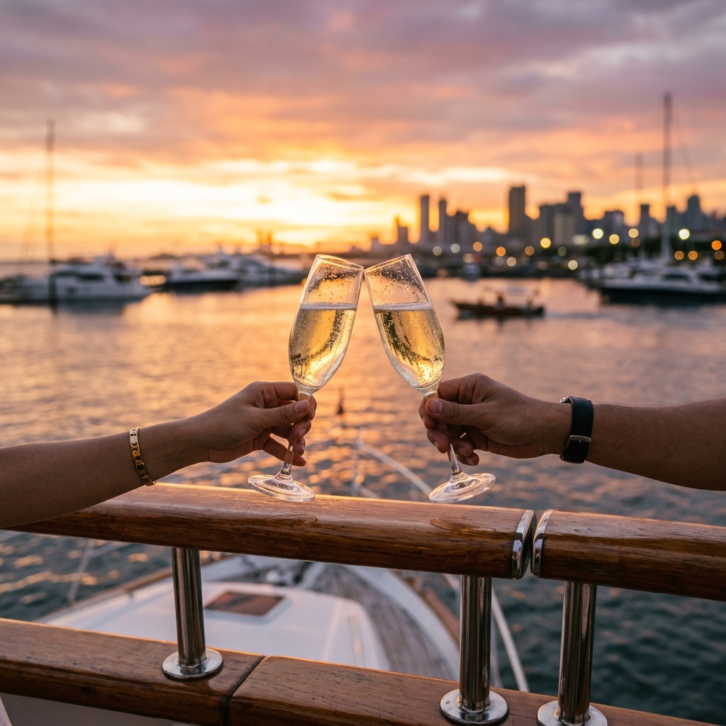 Champagne toast on yacht deck