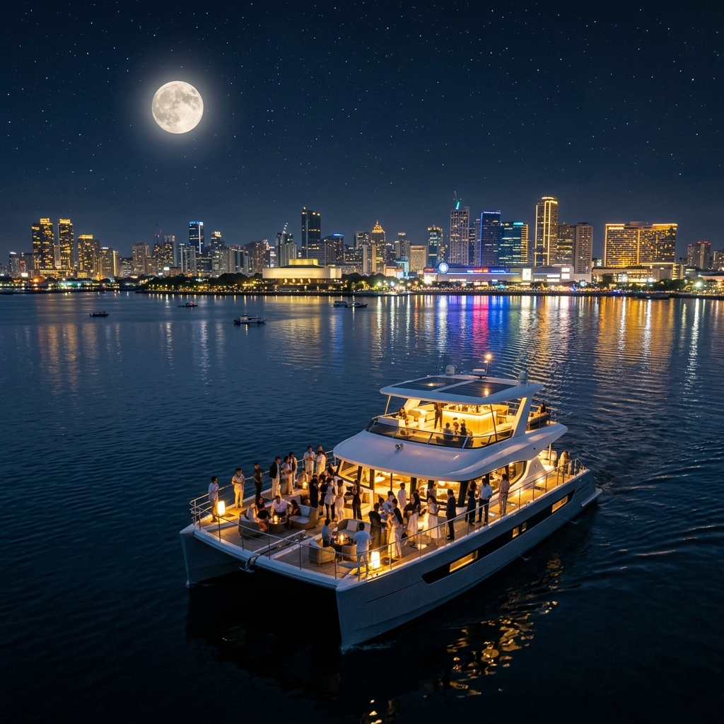 Wide shot of luxury power cat cruising Manila Bay at night