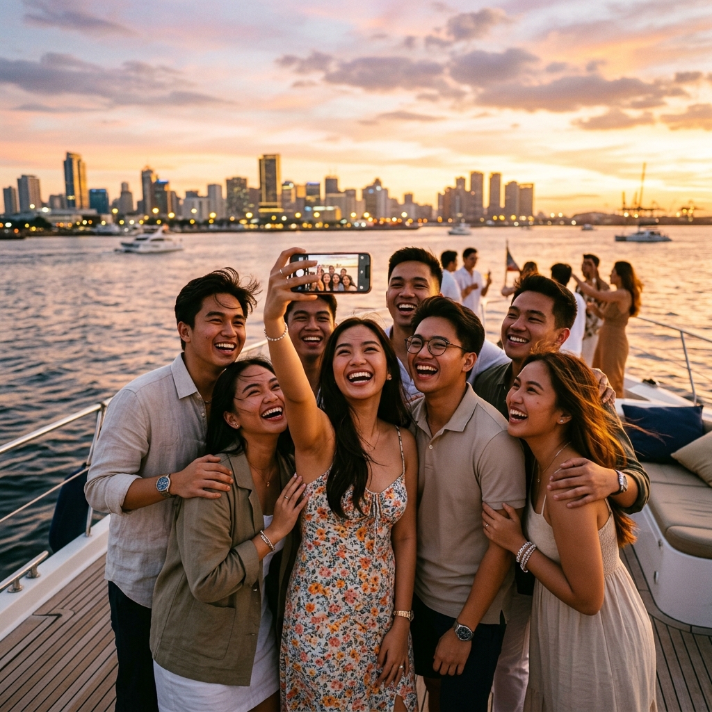 College students taking a group selfie on the yacht at sunset
